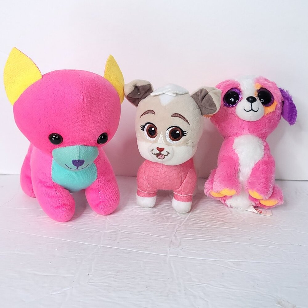 Lot of 3 Pink Blue Purple  Puppy Dogs Brown Soft Plush Stuffed Animals Toys